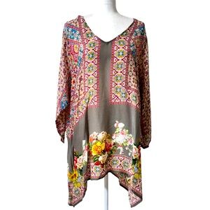 Johnny was Fiscar Boho floral 100% cupro rayon tunic 2XL blouse
